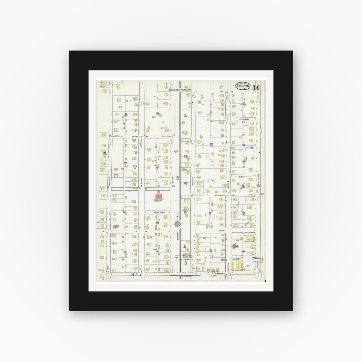 Old map wall art mockup — black gallery frame with white mat — Sanborn Fire Insurance Map from Denton, Denton County, Texas (1917), Sheet #0014