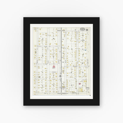 Old map wall art mockup — black gallery frame with white mat — Sanborn Fire Insurance Map from Denton, Denton County, Texas (1917), Sheet #0014