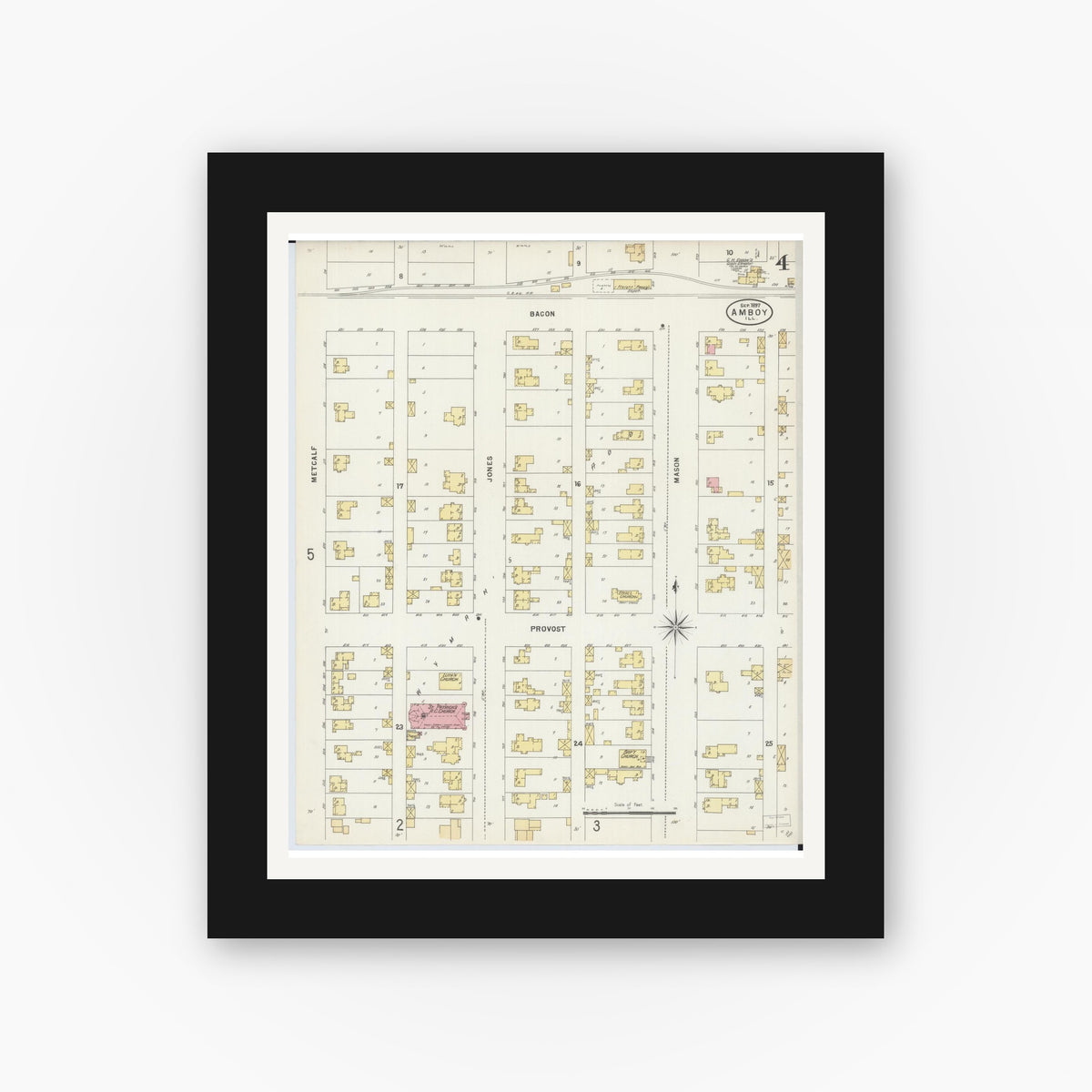 Old map wall art mockup — black gallery frame with white mat — Sanborn Fire Insurance Map from Amboy, Lee County, Illinois (1897), Sheet #0004