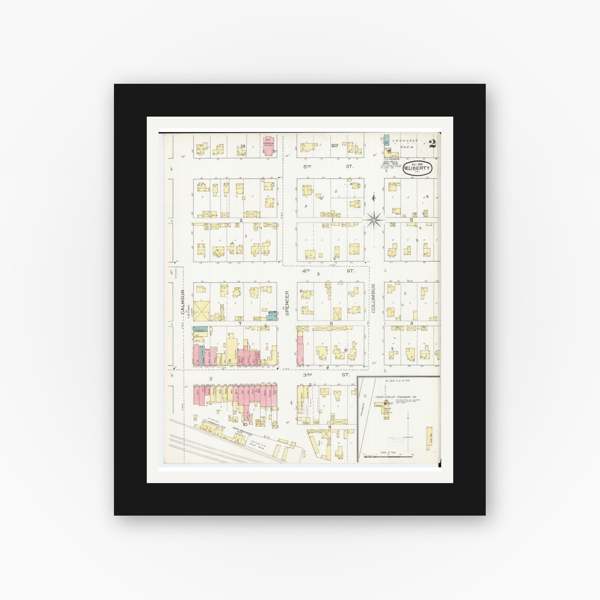 Old map wall art mockup — black gallery frame with white mat — Sanborn Fire Insurance Map from West Liberty, Muscatine County, Iowa (1893), Sheet #0002