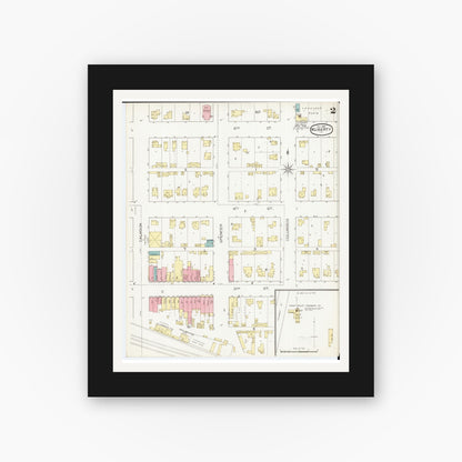 Old map wall art mockup — black gallery frame with white mat — Sanborn Fire Insurance Map from West Liberty, Muscatine County, Iowa (1893), Sheet #0002
