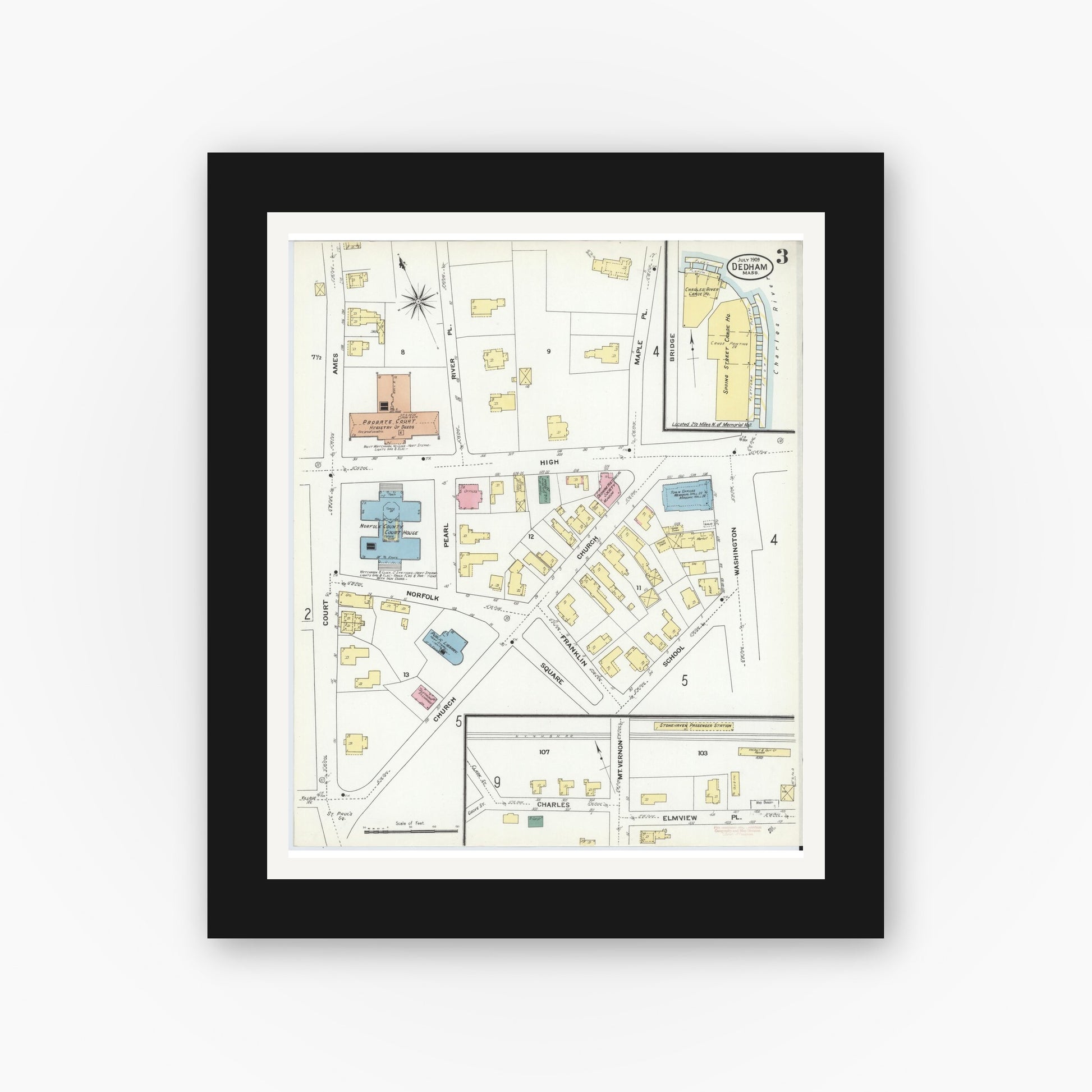 Old map wall art mockup — black gallery frame with white mat — Sanborn Fire Insurance Map from Dedham, Norfolk County, Massachusetts (1909), Sheet #0003