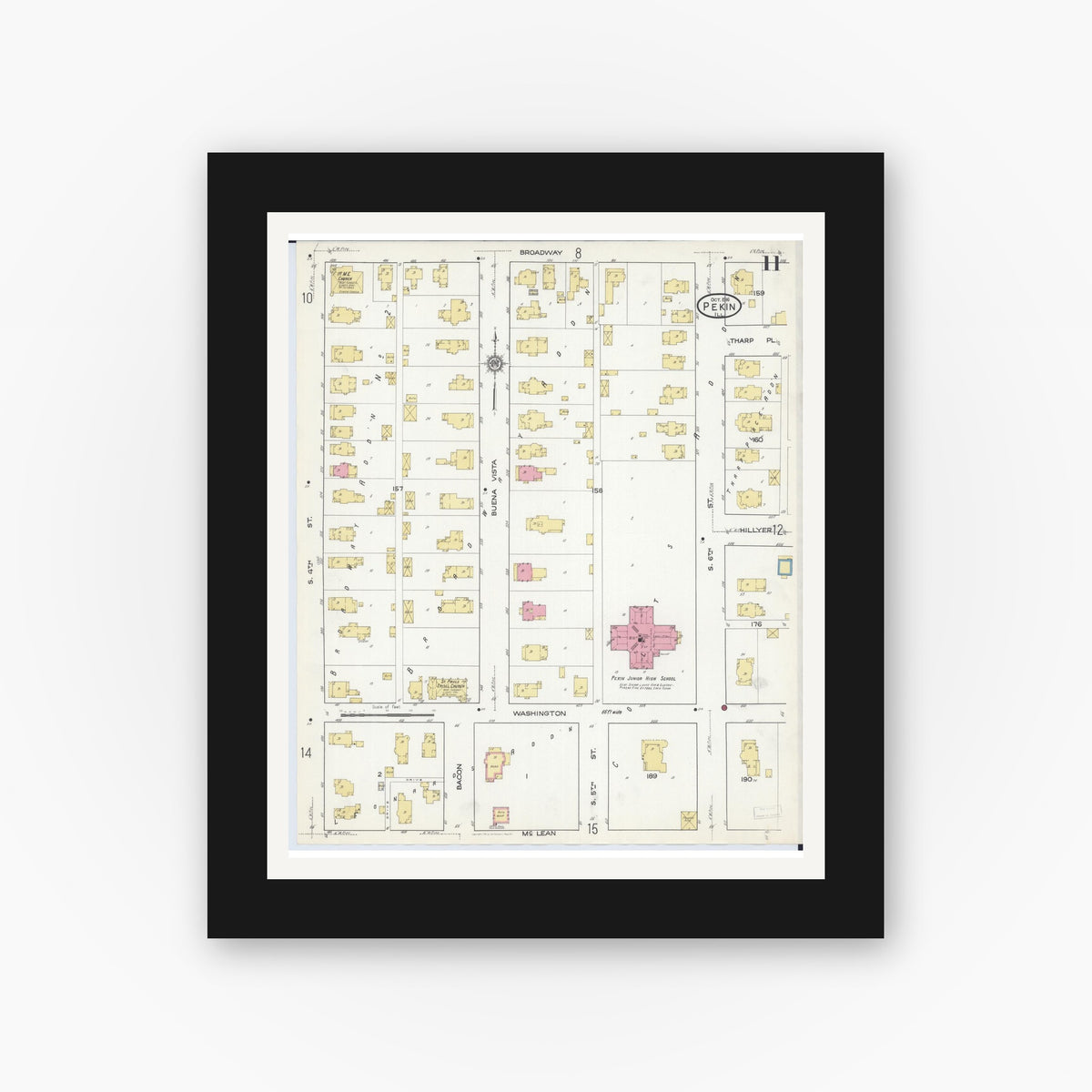 Old map wall art mockup — black gallery frame with white mat — Sanborn Fire Insurance Map from Pekin, Tazewell County, Illinois (1916), Sheet #0011