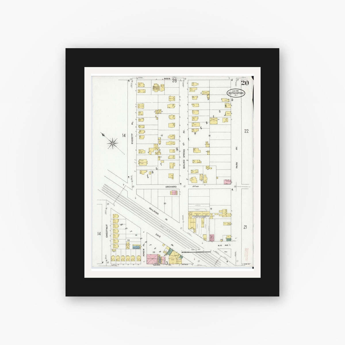 Old map wall art mockup — black gallery frame with white mat — Sanborn Fire Insurance Map from Rutherford, Bergen County, New Jersey (1909), Sheet #0020