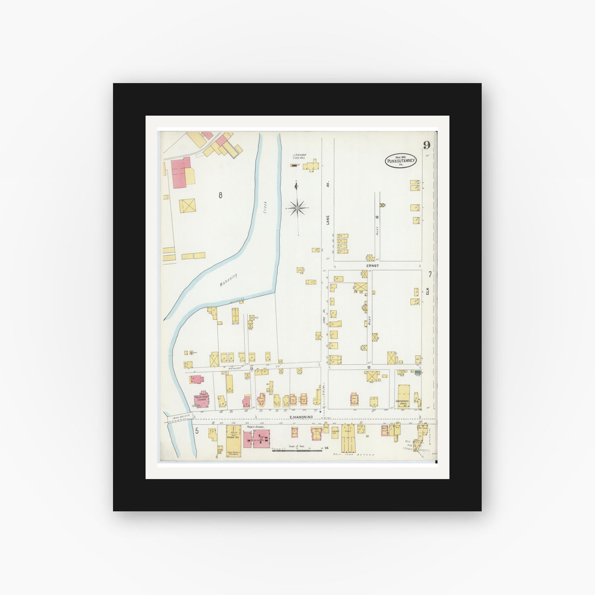 Old map wall art mockup — black gallery frame with white mat — Sanborn Fire Insurance Map from Punxsutawney, Jefferson County, Pennsylvania (1906), Sheet #0009