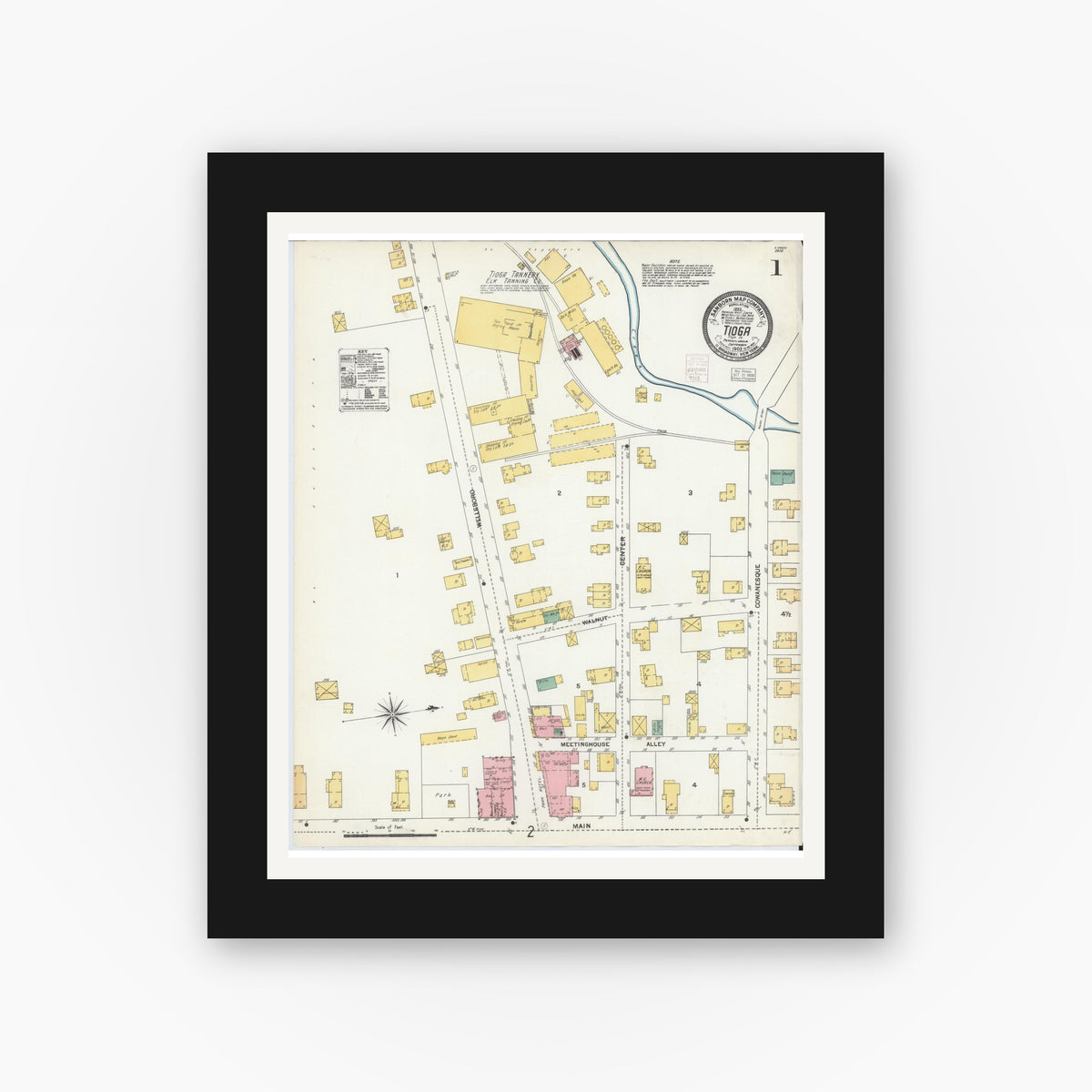 Old map wall art mockup — black gallery frame with white mat — Sanborn Fire Insurance Map from Tioga, Tioga County, Pennsylvania (1903), Sheet #0001