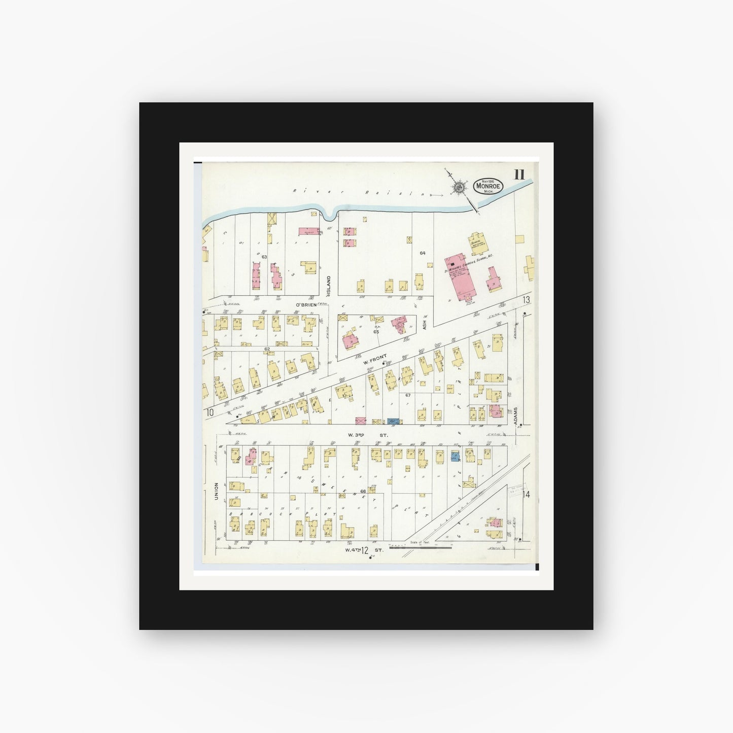 Old map wall art mockup — black gallery frame with white mat — Sanborn Fire Insurance Map from Monroe, Monroe County, Michigan (1916), Sheet #0011