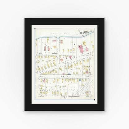 Old map wall art mockup — black gallery frame with white mat — Sanborn Fire Insurance Map from Monroe, Monroe County, Michigan (1916), Sheet #0011