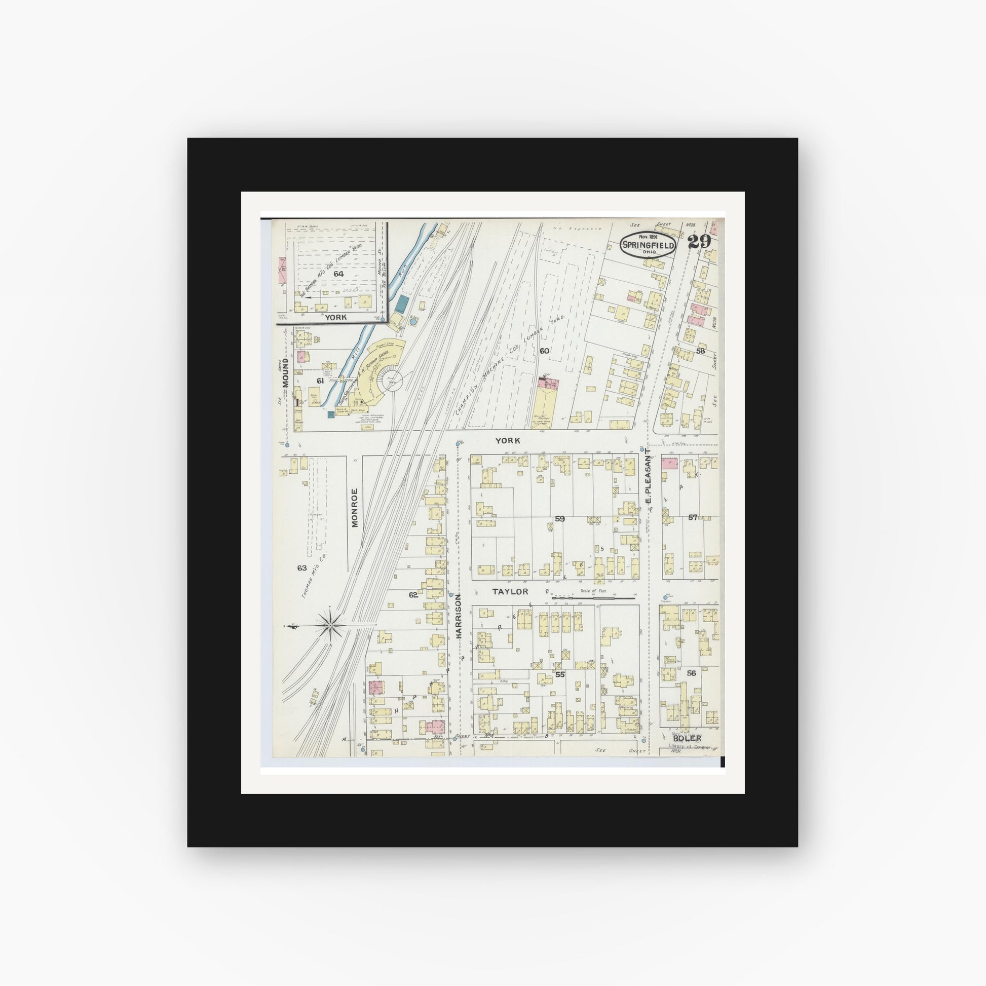 Old map wall art mockup — black gallery frame with white mat — Sanborn Fire Insurance Map from Springfield, Clark County, Ohio (1891), Sheet #0029