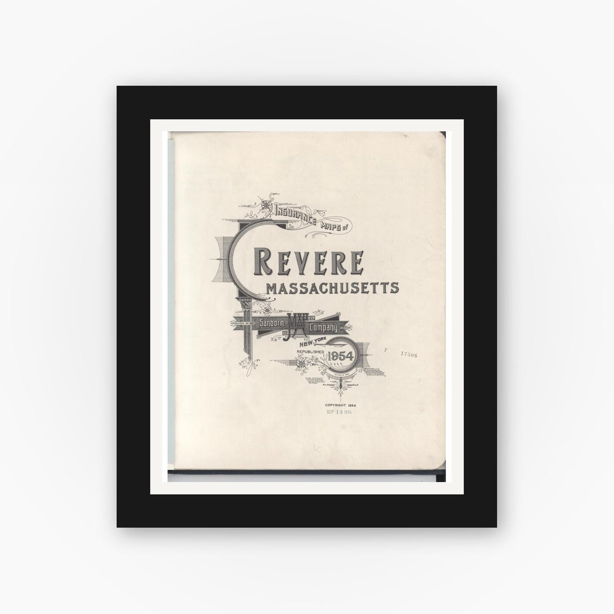 Old map wall art mockup — black gallery frame with white mat — Sanborn Fire Insurance Map from Revere, Suffolk County, Massachusetts (1954), Sheet #0001