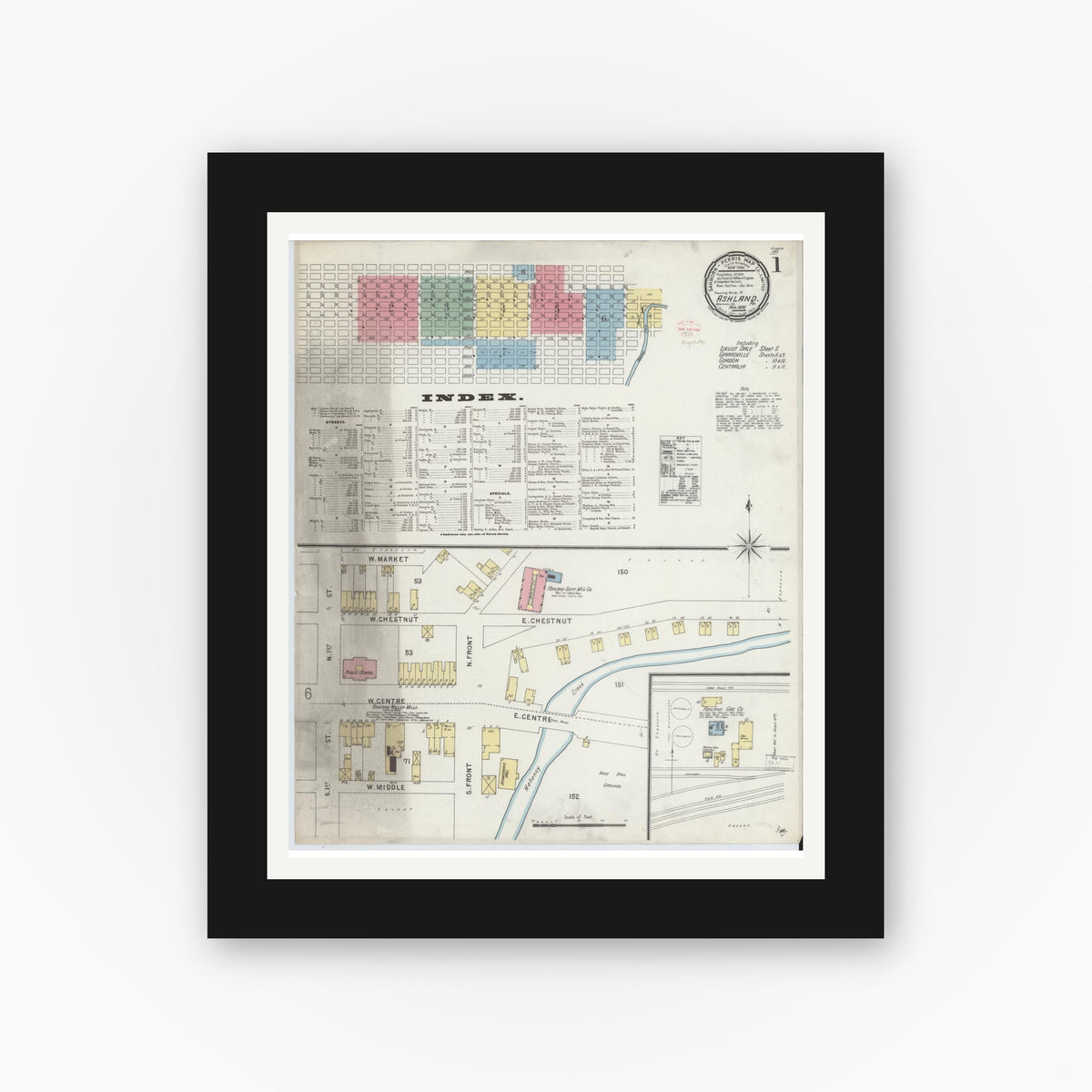 Old map wall art mockup — black gallery frame with white mat — Sanborn Fire Insurance Map from Ashland, Schuylkill County, Pennsylvania (1896), Sheet #0001