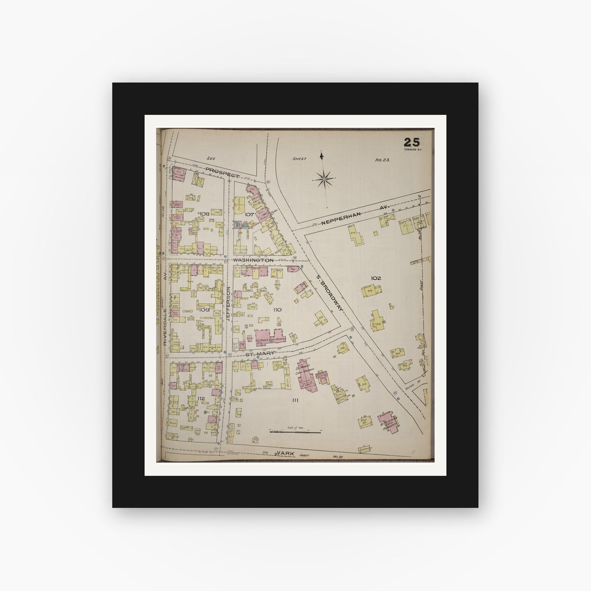 Old map wall art mockup — black gallery frame with white mat — Sanborn Fire Insurance Map from Yonkers, Westchester County, New York (1886), Sheet #0025