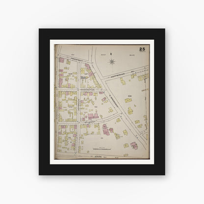 Old map wall art mockup — black gallery frame with white mat — Sanborn Fire Insurance Map from Yonkers, Westchester County, New York (1886), Sheet #0025
