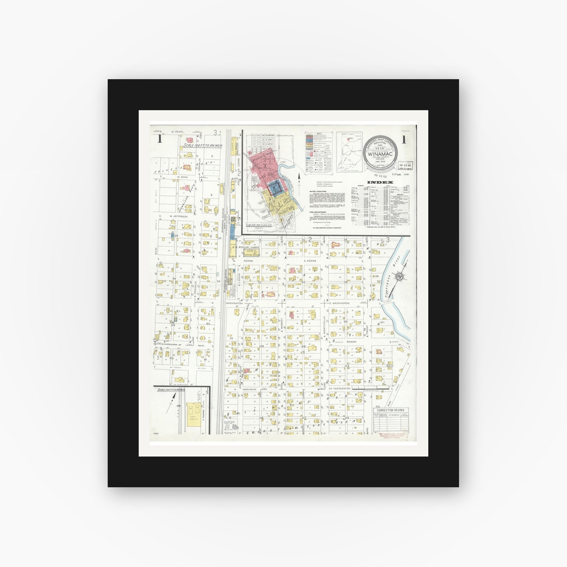 Old map wall art mockup — black gallery frame with white mat — Sanborn Fire Insurance Map from Winamac, Pulaski County, Indiana (1933), Sheet #0001