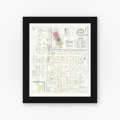 Old map wall art mockup — black gallery frame with white mat — Sanborn Fire Insurance Map from Winamac, Pulaski County, Indiana (1933), Sheet #0001
