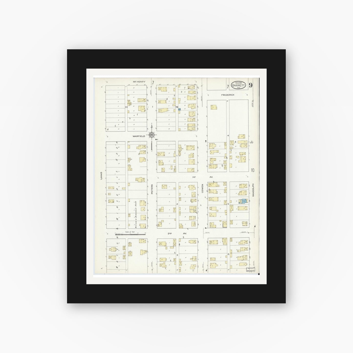 Old map wall art mockup — black gallery frame with white mat — Sanborn Fire Insurance Map from Garrett, De Kalb County, Indiana (1914), Sheet #0009
