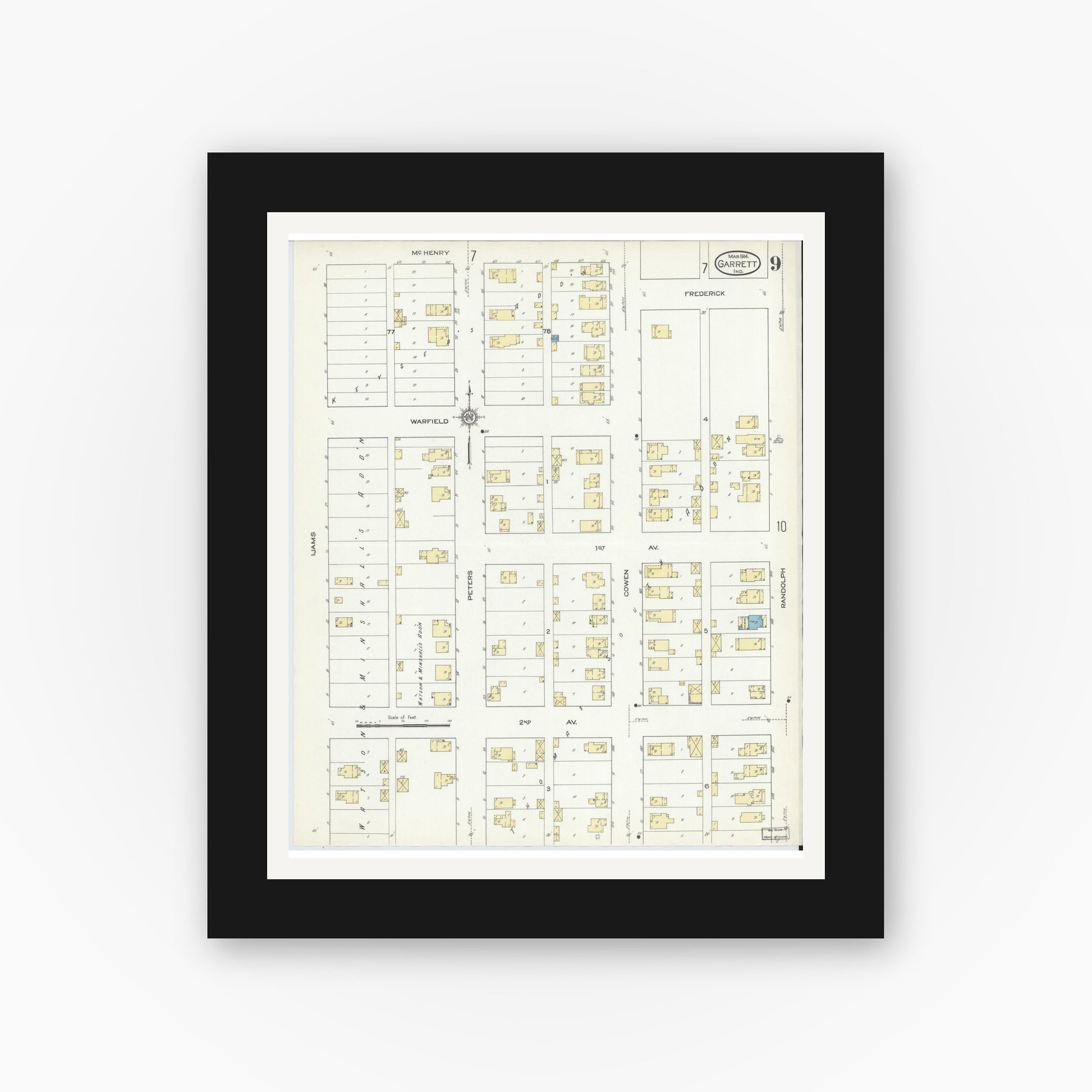 Old map wall art mockup — black gallery frame with white mat — Sanborn Fire Insurance Map from Garrett, De Kalb County, Indiana (1914), Sheet #0009
