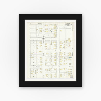 Old map wall art mockup — black gallery frame with white mat — Sanborn Fire Insurance Map from Garrett, De Kalb County, Indiana (1914), Sheet #0009