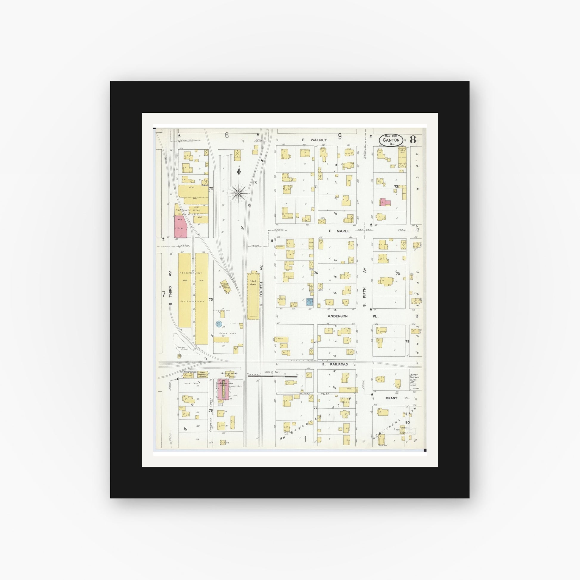 Old map wall art mockup — black gallery frame with white mat — Sanborn Fire Insurance Map from Canton, Fulton County, Illinois (1909), Sheet #0008