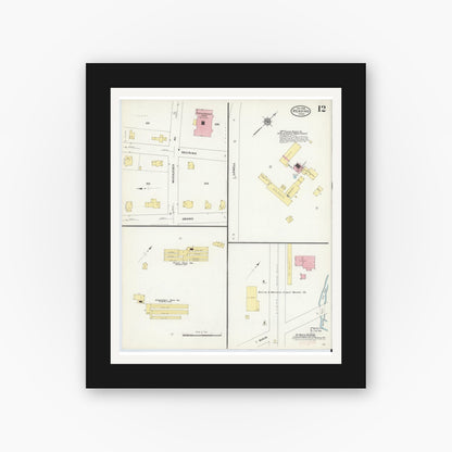 Old map wall art mockup — black gallery frame with white mat — Sanborn Fire Insurance Map from Reading, Middlesex County, Massachusetts (1909), Sheet #0012
