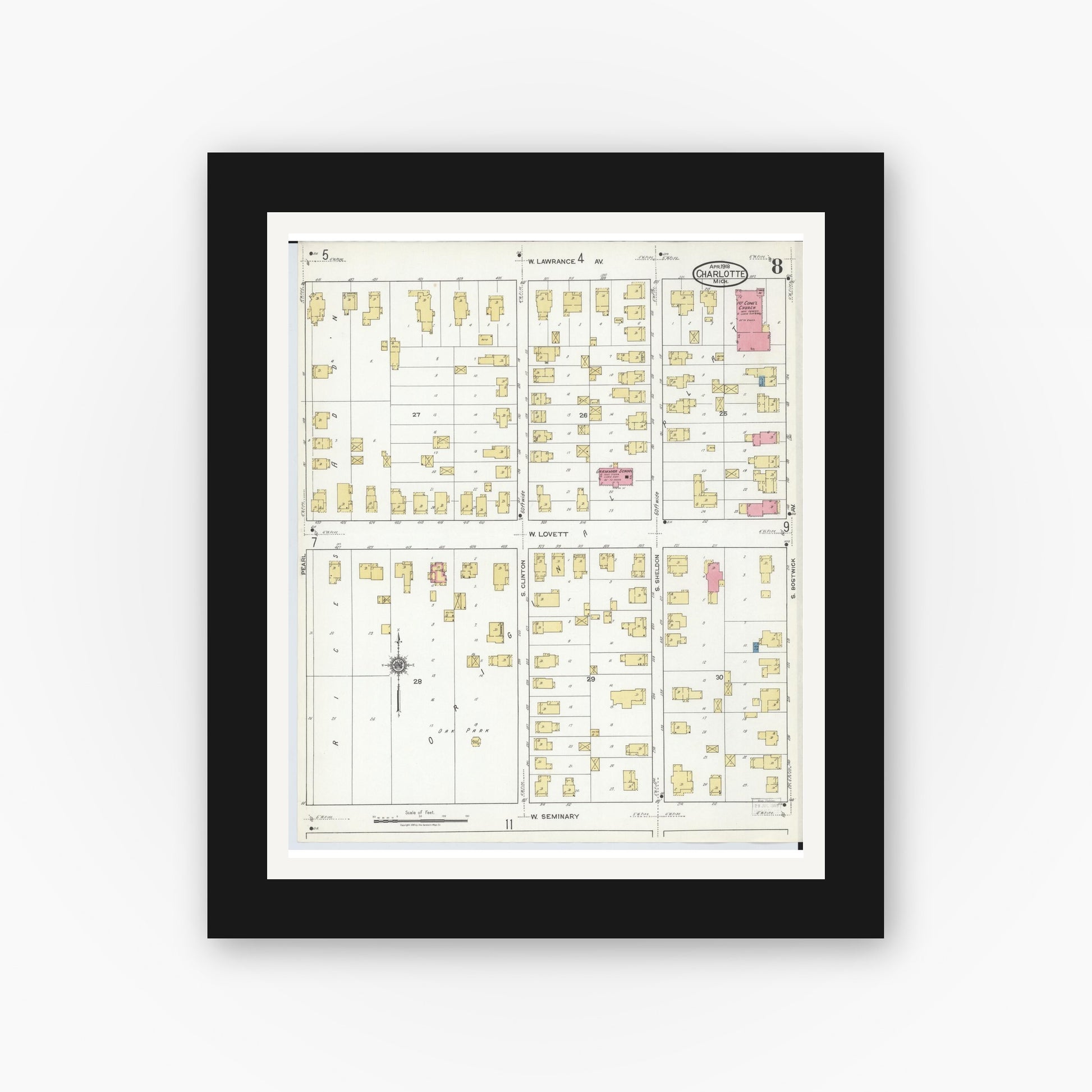 Old map wall art mockup — black gallery frame with white mat — Sanborn Fire Insurance Map from Charlotte, Eaton County, Michigan (1918), Sheet #0008