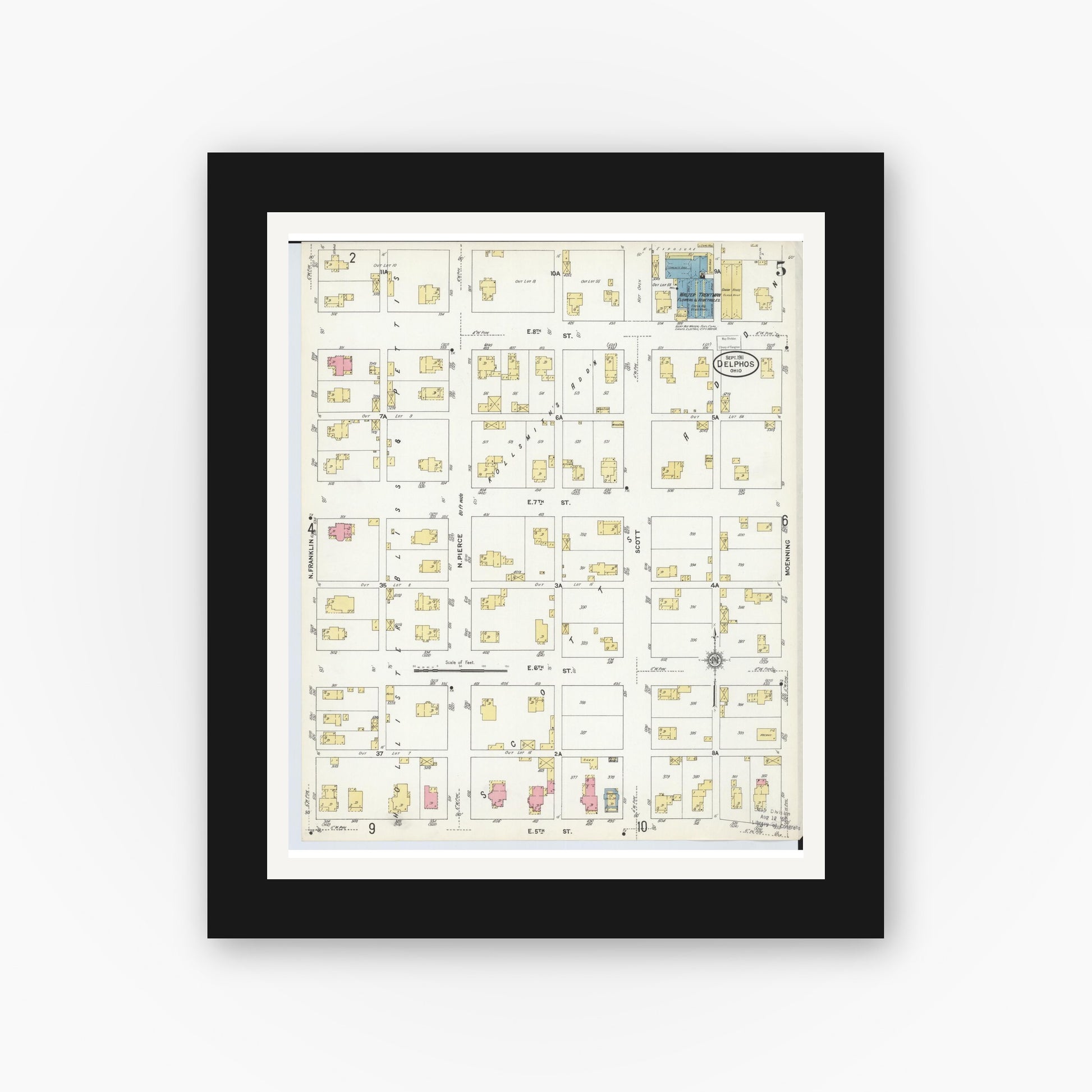 Old map wall art mockup — black gallery frame with white mat — Sanborn Fire Insurance Map from Delphos, Van Wert And Allen Counties, Ohio (1911), Sheet #0005