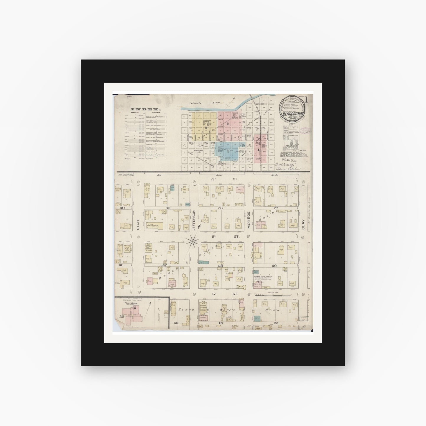 Old map wall art mockup — black gallery frame with white mat — Sanborn Fire Insurance Map from Beardstown, Cass County, Illinois (1887), Sheet #0001