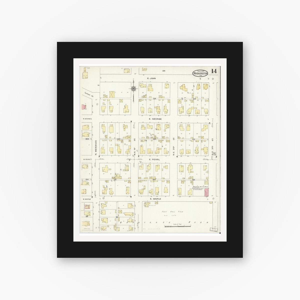 Old map wall art mockup — black gallery frame with white mat — Sanborn Fire Insurance Map from Washington, Daviess County, Indiana (1909), Sheet #0014