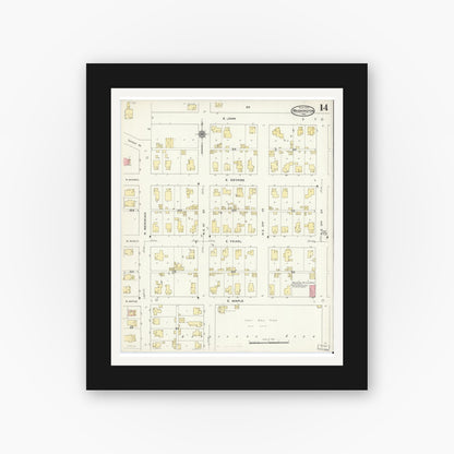 Old map wall art mockup — black gallery frame with white mat — Sanborn Fire Insurance Map from Washington, Daviess County, Indiana (1909), Sheet #0014