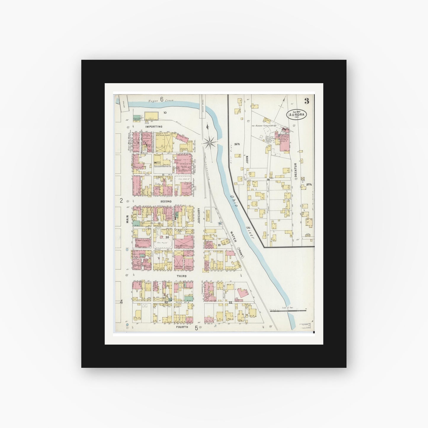 Old map wall art mockup — black gallery frame with white mat — Sanborn Fire Insurance Map from Aurora, Dearborn County, Indiana (1897), Sheet #0003