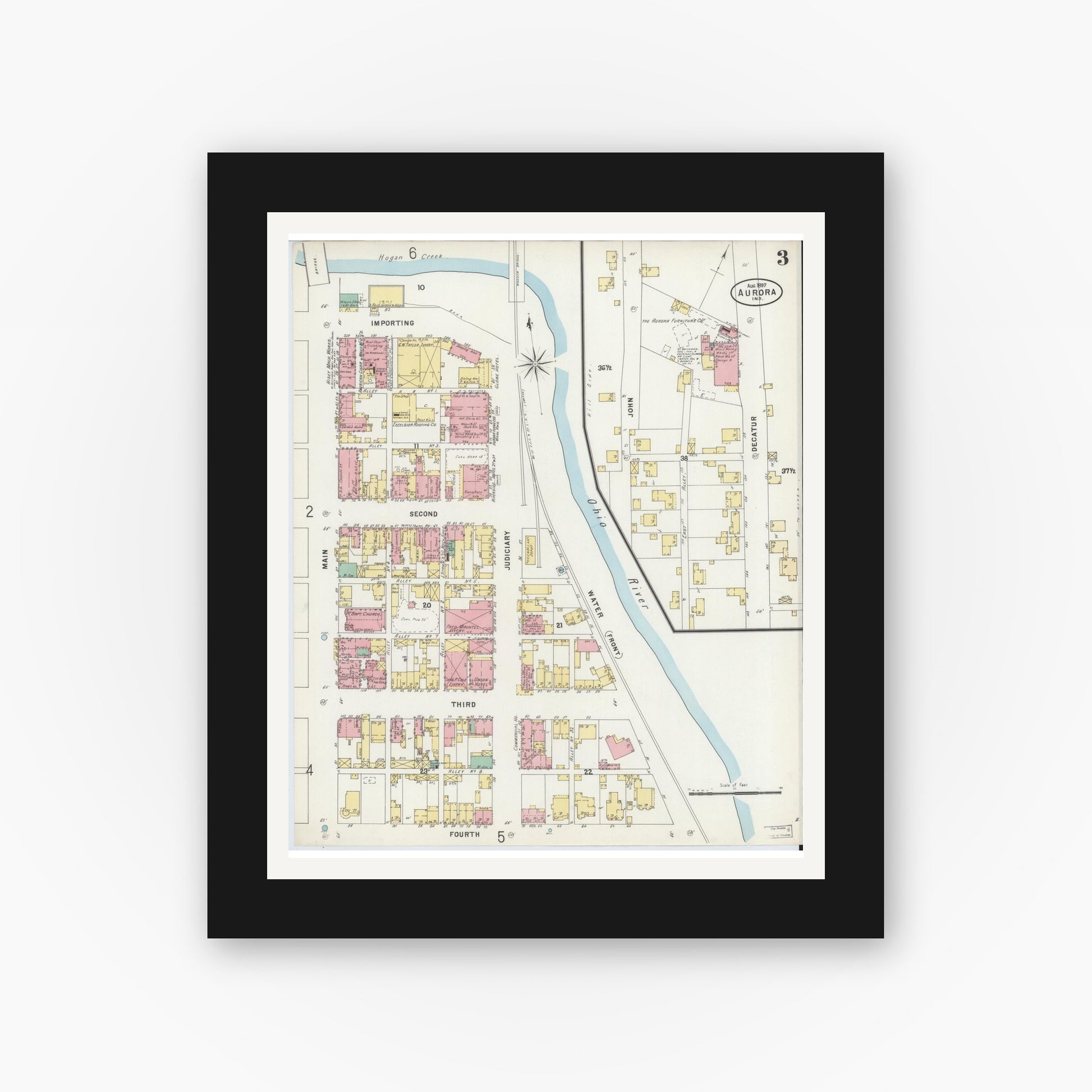 Old map wall art mockup — black gallery frame with white mat — Sanborn Fire Insurance Map from Aurora, Dearborn County, Indiana (1897), Sheet #0003
