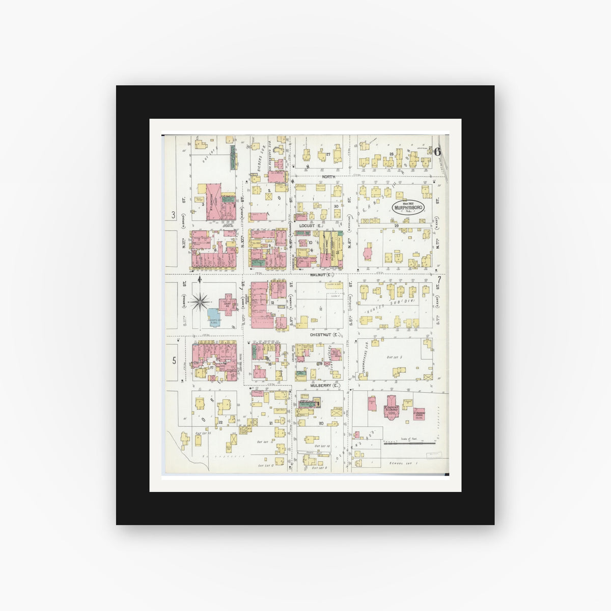 Old map wall art mockup — black gallery frame with white mat — Sanborn Fire Insurance Map from Murphysboro, Jackson County, Illinois (1902), Sheet #0006