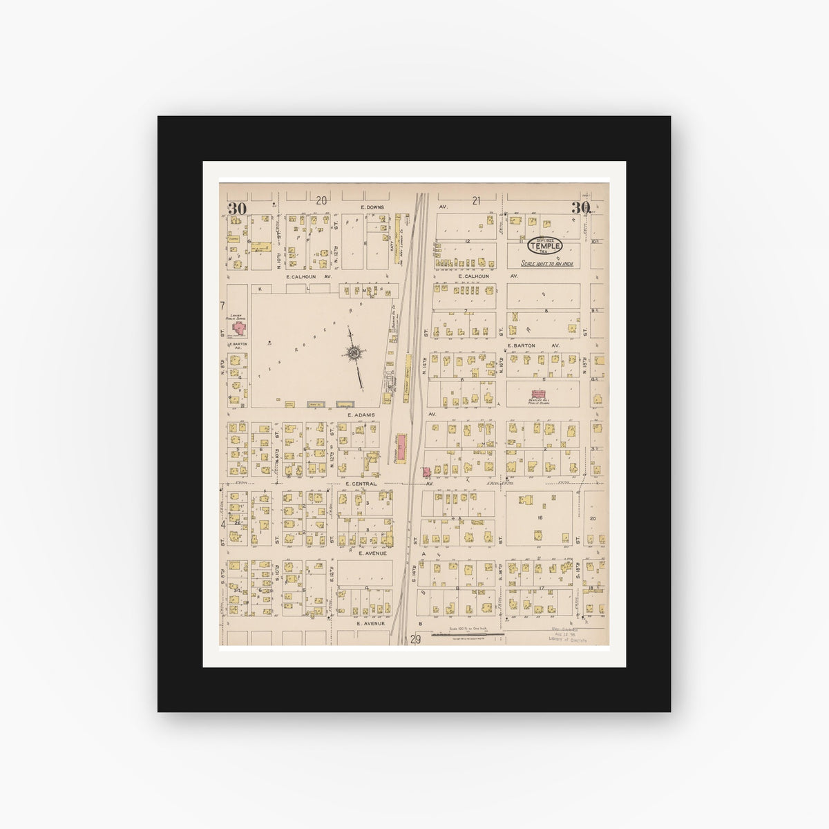 Old map wall art mockup — black gallery frame with white mat — Sanborn Fire Insurance Map from Temple, Bell County, Texas (1922), Sheet #0030