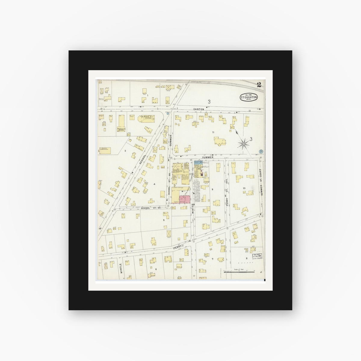 Old map wall art mockup — black gallery frame with white mat — Sanborn Fire Insurance Map from Stoughton, Norfolk County, Massachusetts (1896), Sheet #0002