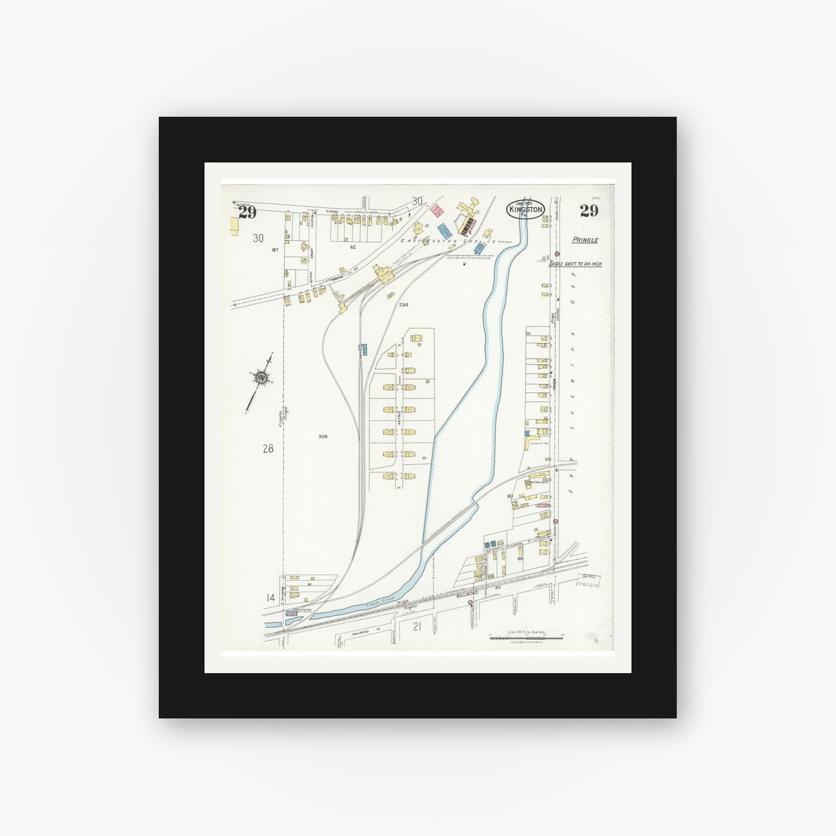 Old map wall art mockup — black gallery frame with white mat — Sanborn Fire Insurance Map from Kingston, Luzerne County, Pennsylvania (1925), Sheet #0029