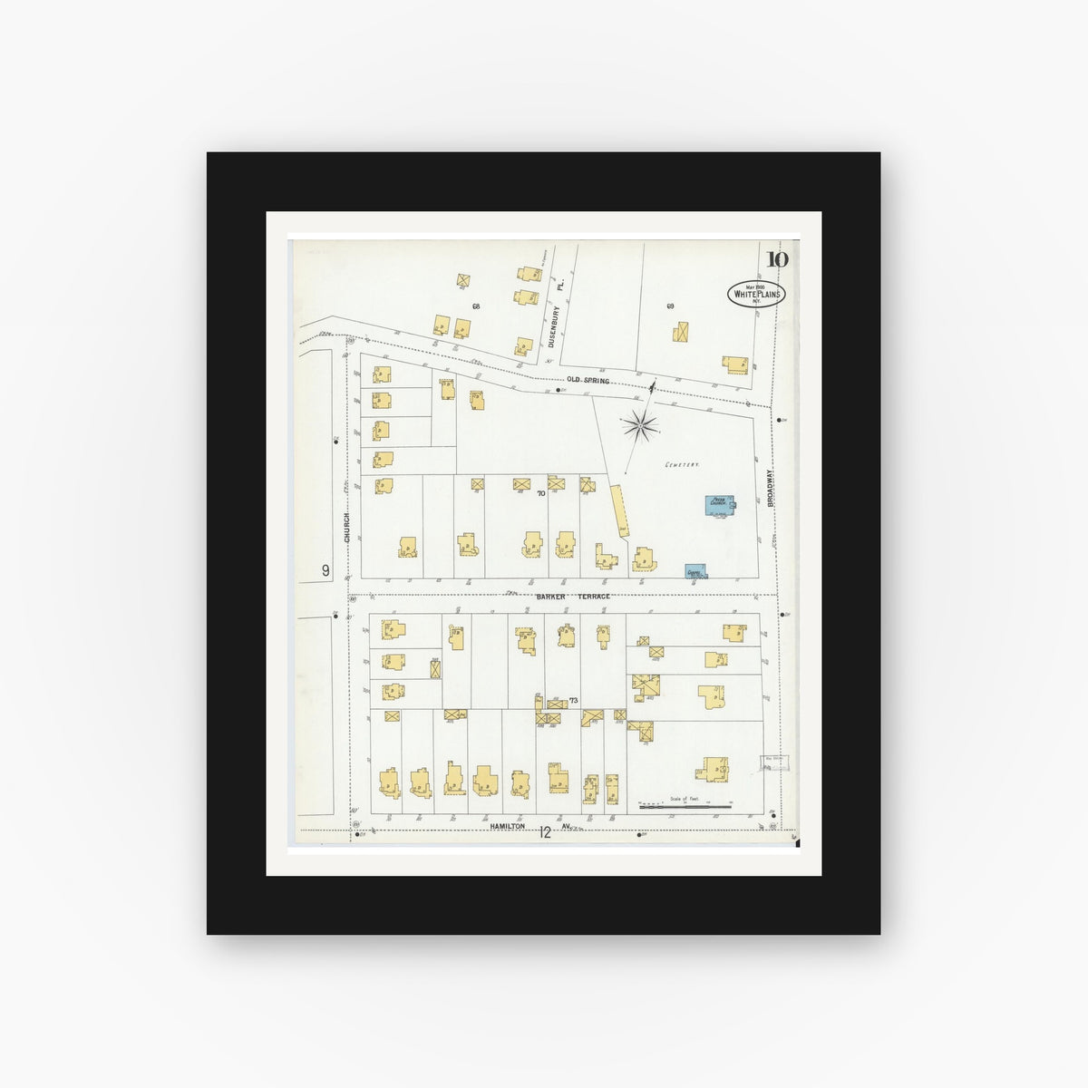 Old map wall art mockup — black gallery frame with white mat — Sanborn Fire Insurance Map from White Plains, Westchester County, New York (1900), Sheet #0010