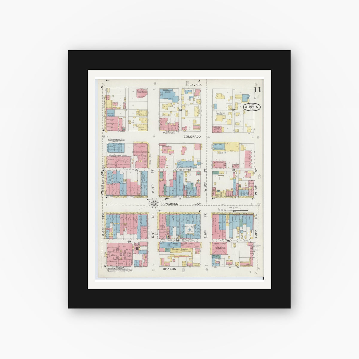 Old map wall art mockup — black gallery frame with white mat — Sanborn Fire Insurance Map from Austin, Travis County, Texas (1894), Sheet #0011