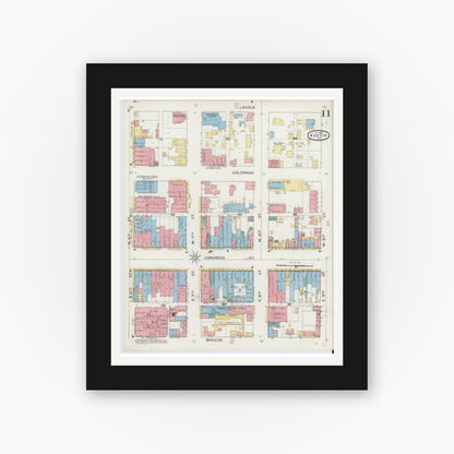 Old map wall art mockup — black gallery frame with white mat — Sanborn Fire Insurance Map from Austin, Travis County, Texas (1894), Sheet #0011