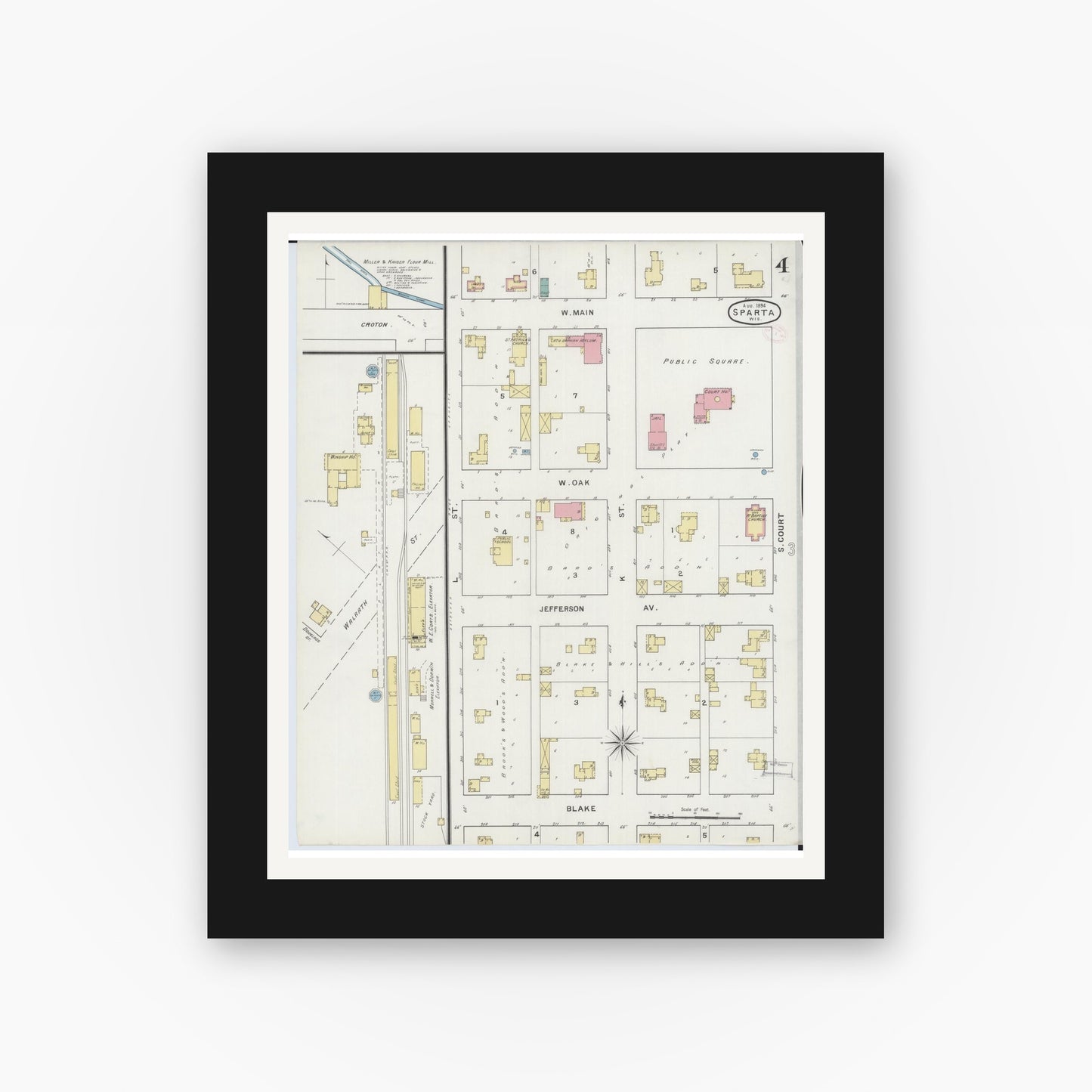 Old map wall art mockup — black gallery frame with white mat — Sanborn Fire Insurance Map from Sparta, Monroe County, Wisconsin (1894), Sheet #0004