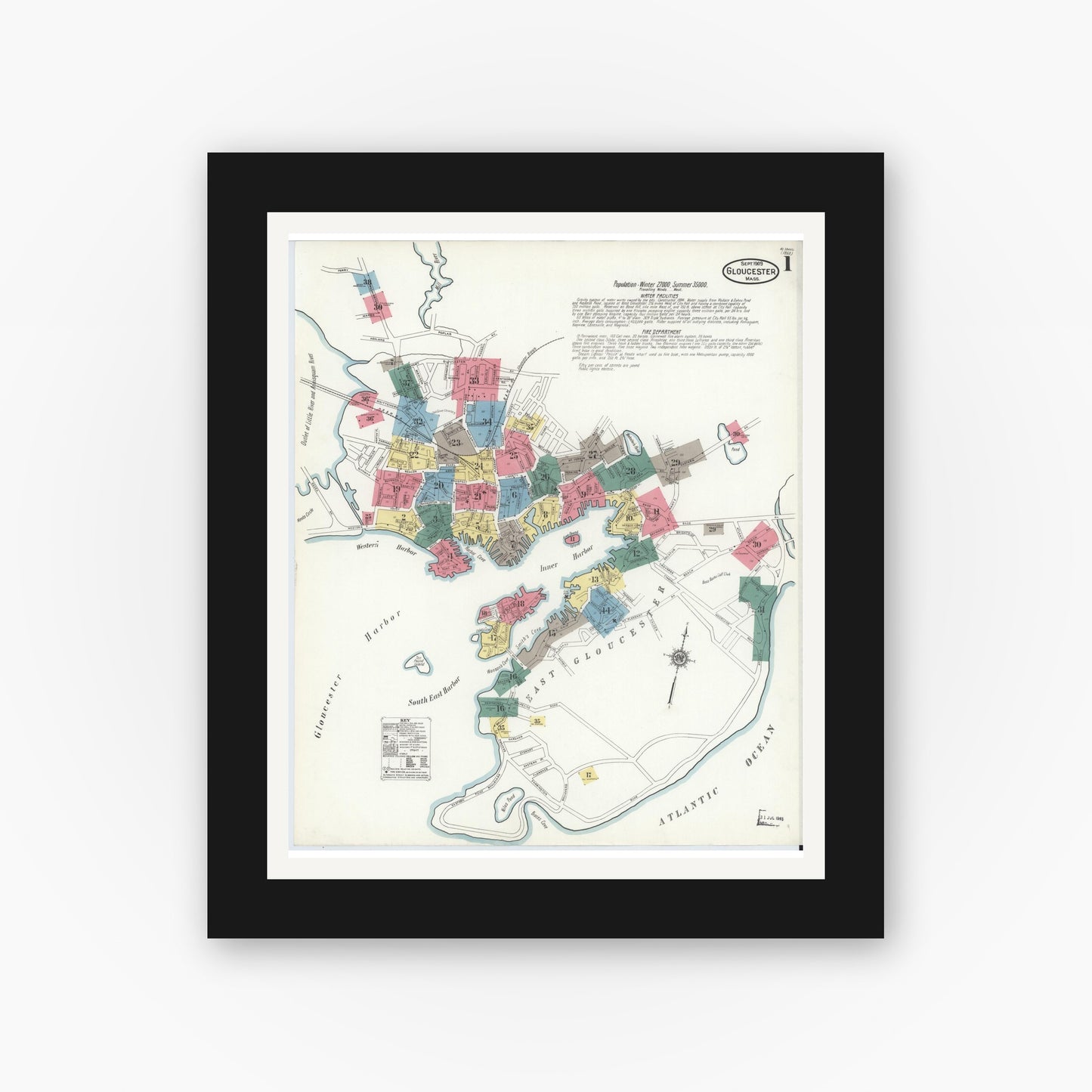 Old map wall art mockup — black gallery frame with white mat — Sanborn Fire Insurance Map from Gloucester, Essex County, Massachusetts (1909), Sheet #0001