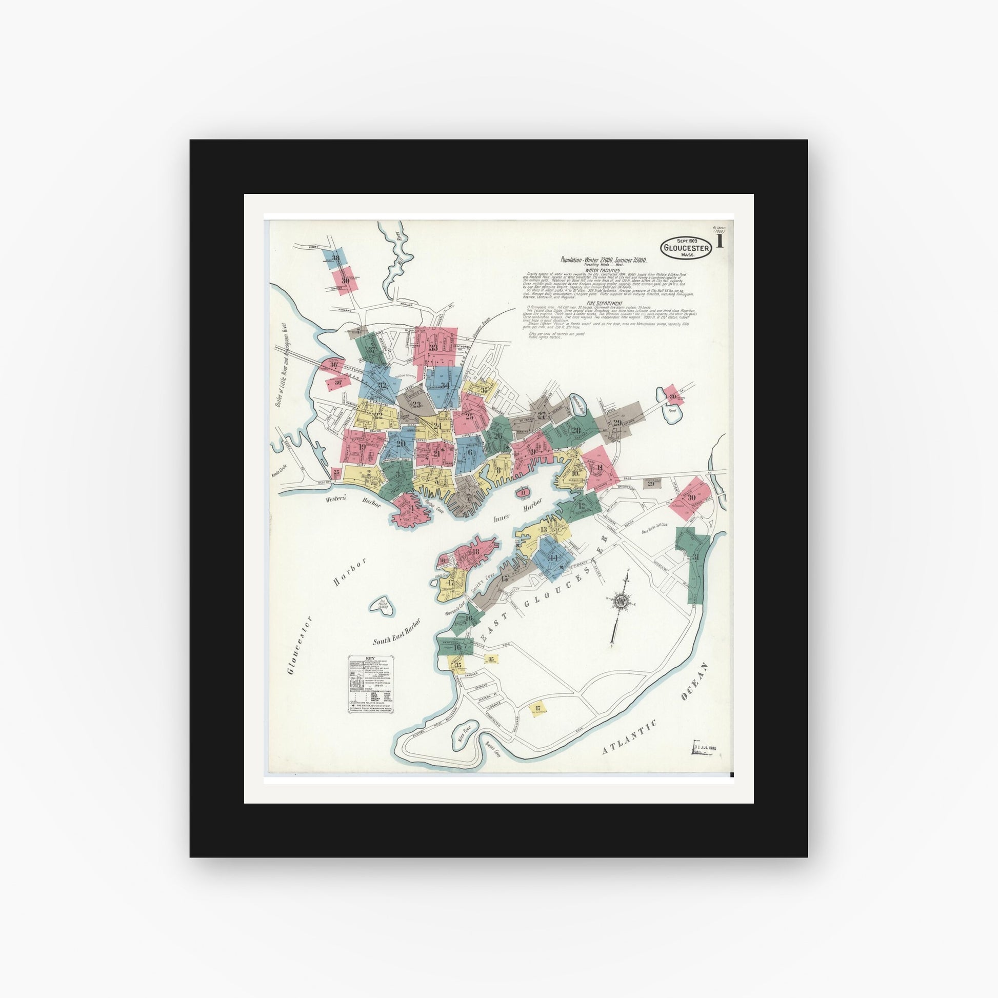 Old map wall art mockup — black gallery frame with white mat — Sanborn Fire Insurance Map from Gloucester, Essex County, Massachusetts (1909), Sheet #0001