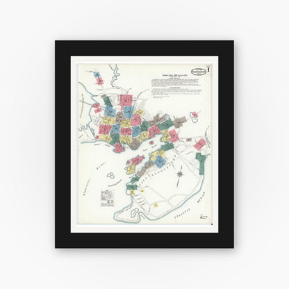 Old map wall art mockup — black gallery frame with white mat — Sanborn Fire Insurance Map from Gloucester, Essex County, Massachusetts (1909), Sheet #0001
