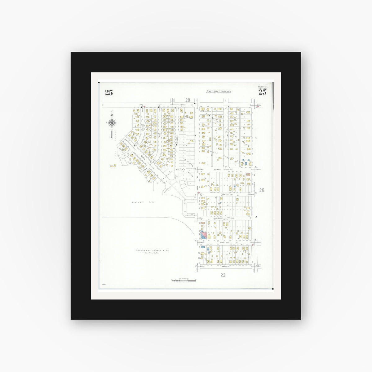 Old map wall art mockup — black gallery frame with white mat — Sanborn Fire Insurance Map from Beloit, Rock County, Wisconsin (1939), Sheet #0025