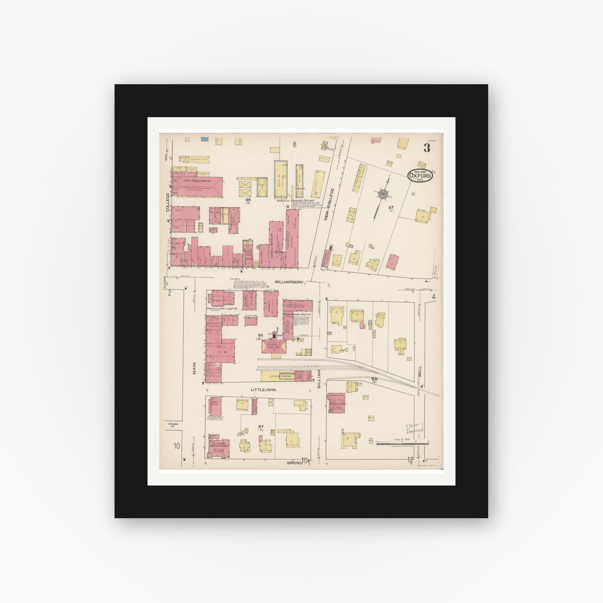 Old map wall art mockup — black gallery frame with white mat — Sanborn Fire Insurance Map from Oxford, Granville County, North Carolina (1922), Sheet #0003