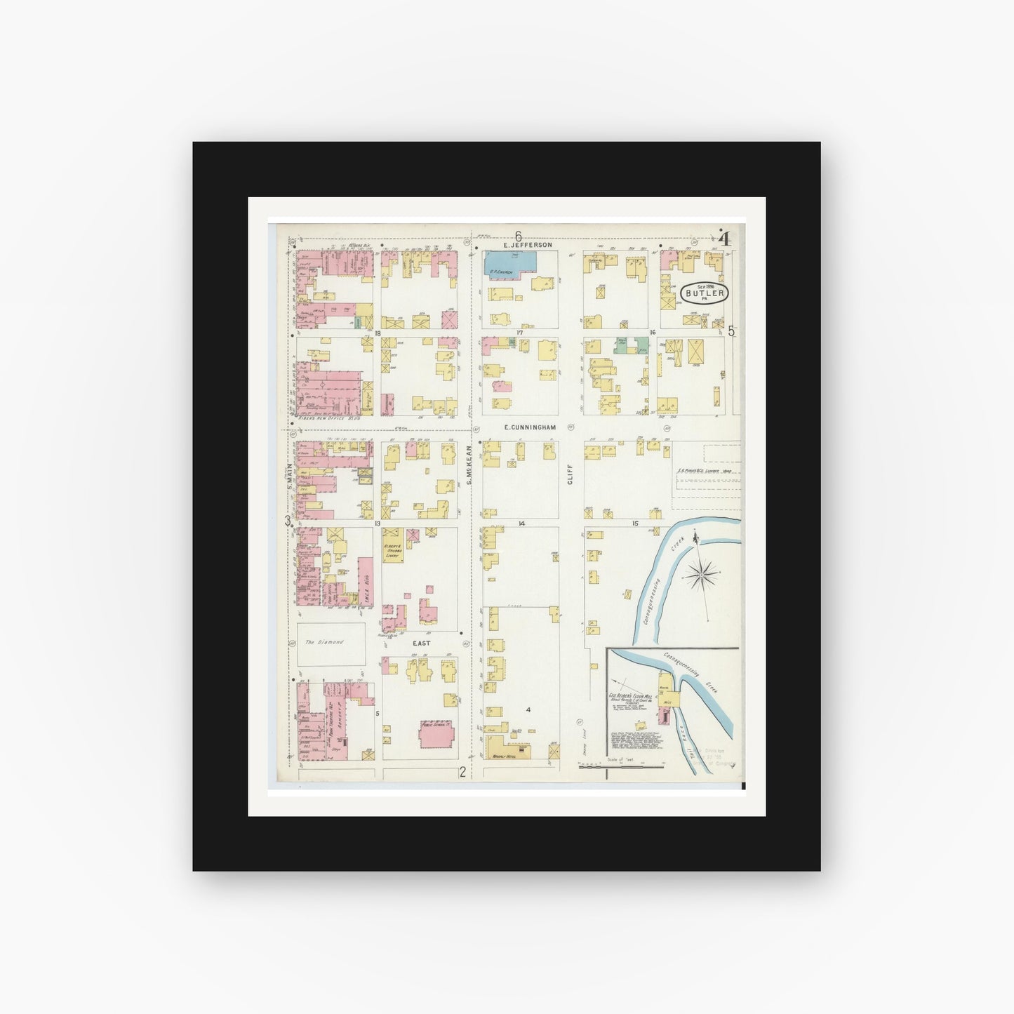 Old map wall art mockup — black gallery frame with white mat — Sanborn Fire Insurance Map from Butler, Butler County, Pennsylvania (1896), Sheet #0004