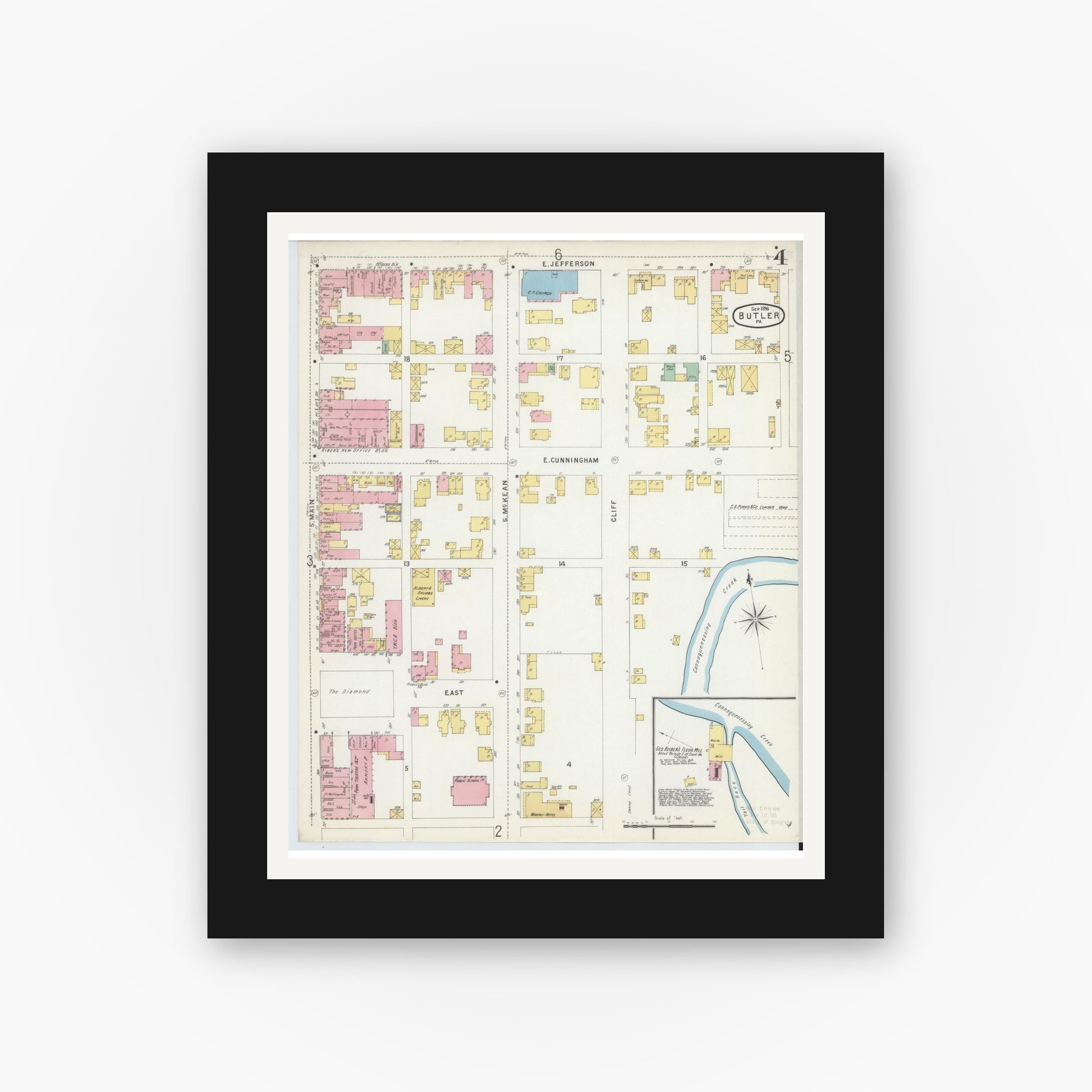 Old map wall art mockup — black gallery frame with white mat — Sanborn Fire Insurance Map from Butler, Butler County, Pennsylvania (1896), Sheet #0004