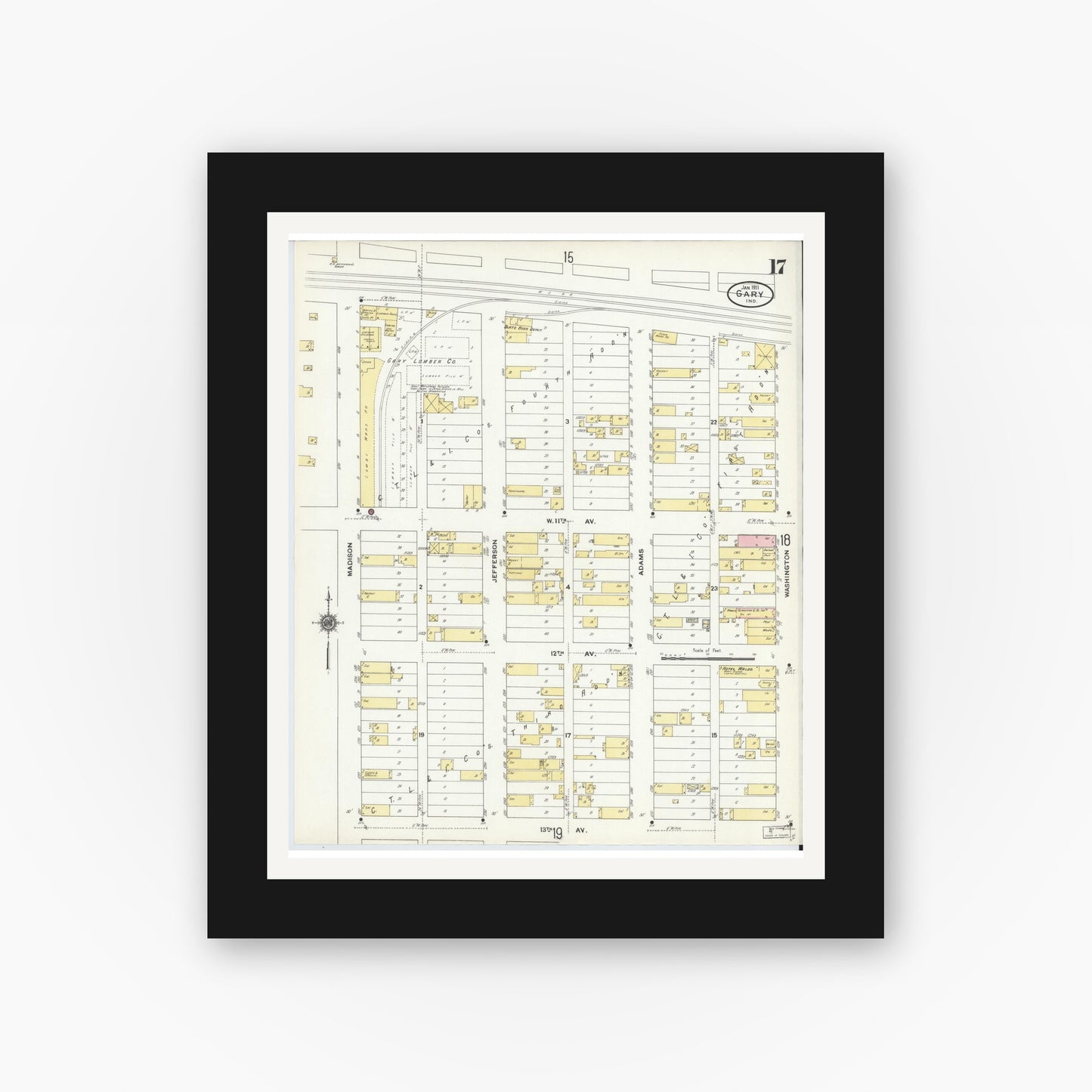 Old map wall art mockup — black gallery frame with white mat — Sanborn Fire Insurance Map from Gary, Lake County, Indiana (1911), Sheet #0017
