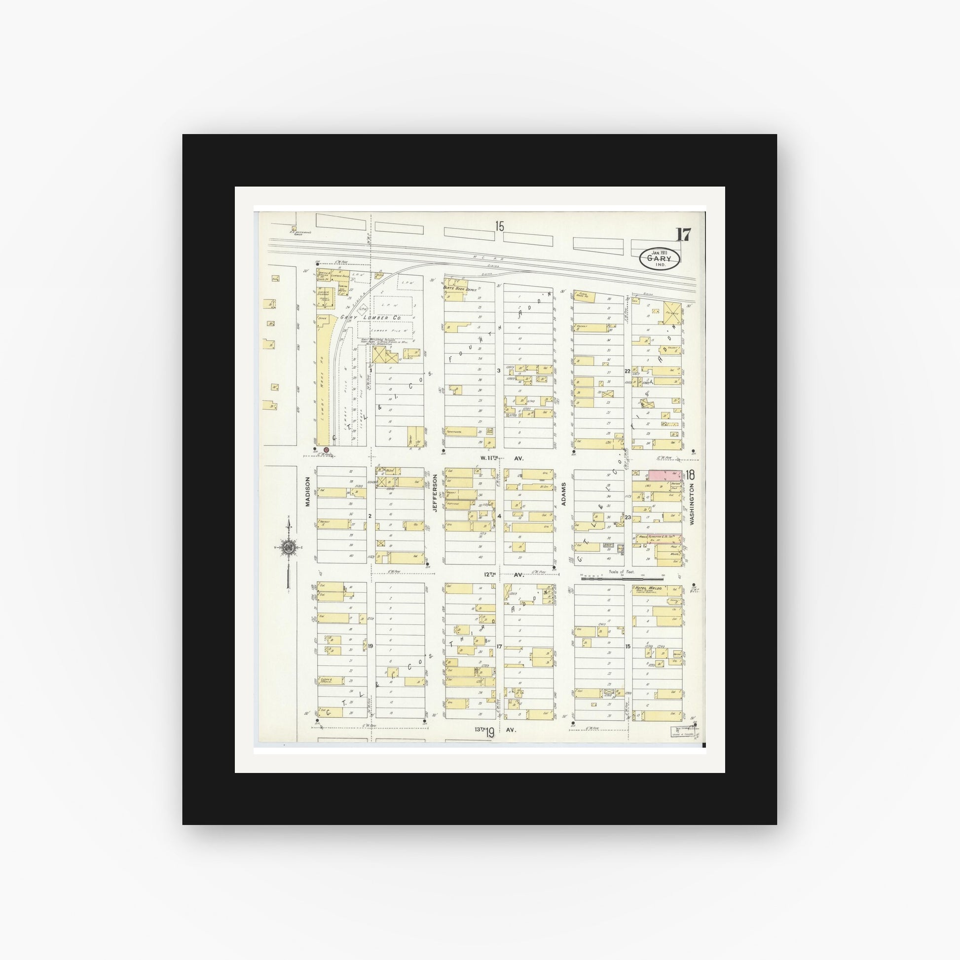 Old map wall art mockup — black gallery frame with white mat — Sanborn Fire Insurance Map from Gary, Lake County, Indiana (1911), Sheet #0017
