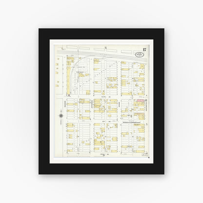 Old map wall art mockup — black gallery frame with white mat — Sanborn Fire Insurance Map from Gary, Lake County, Indiana (1911), Sheet #0017