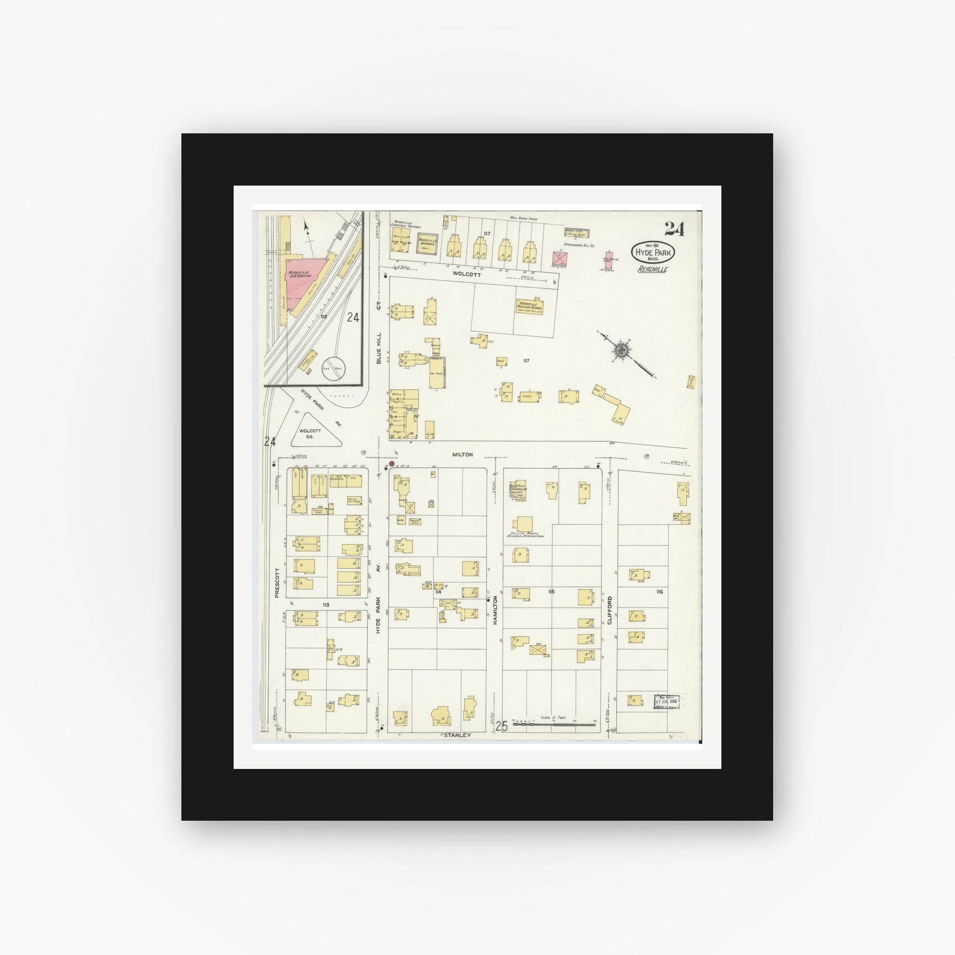 Old map wall art mockup — black gallery frame with white mat — Sanborn Fire Insurance Map from Hyde Park, Norfolk County, Massachusetts (1911), Sheet #0024